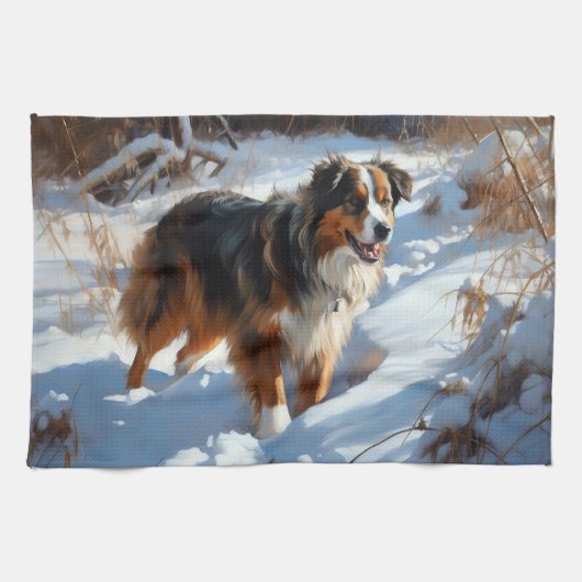 Australian Shepherd Laat Het Sneeuw Kerstmis Theedoek (Horizontaal)