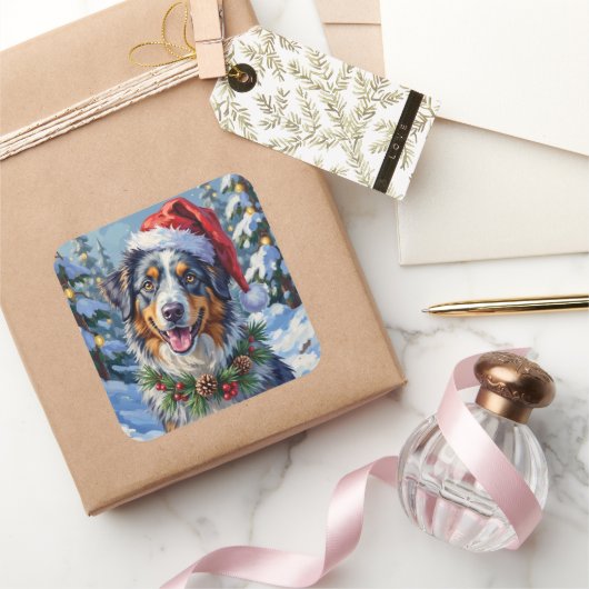 Australian Shepherd Merle Winter Christmas Art Vierkante Sticker (Geschenken)
