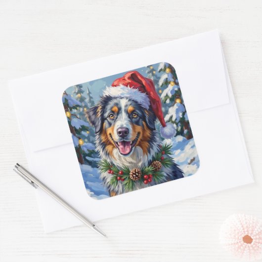 Australian Shepherd Merle Winter Christmas Art Vierkante Sticker (Envelop)