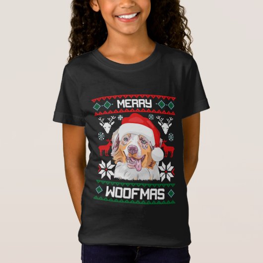 Australian Shepherd Merry Woofmas Dog Christmas T-shirt (Voorkant)