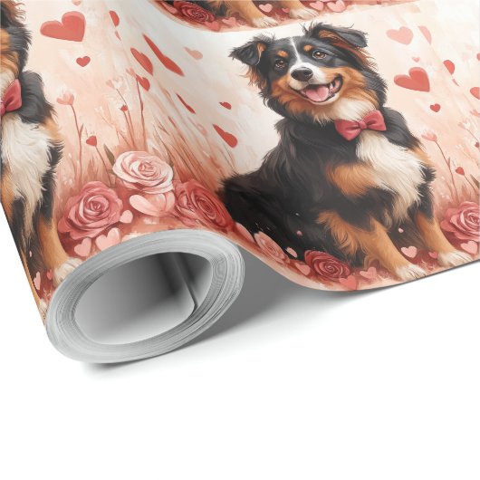 Australian Shepherd met Rozen - Valentijnsdag Cadeaupapier (Rol Hoek)