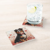 Australian Shepherd met Rozen - Valentijnsdag Glazen Onderzetter (Schuin)