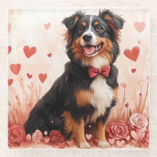 Australian Shepherd met Rozen - Valentijnsdag Glazen Onderzetter (Voorkant)