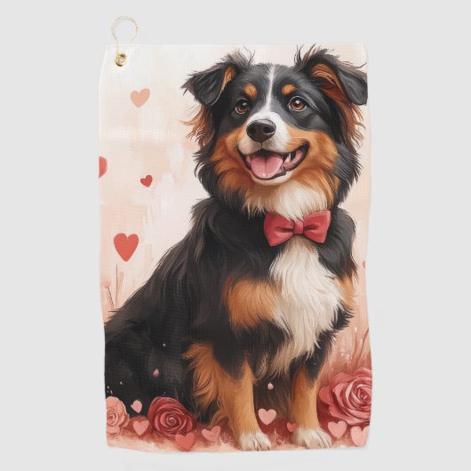 Australian Shepherd met Rozen - Valentijnsdag Golfhanddoek (Voorkant)
