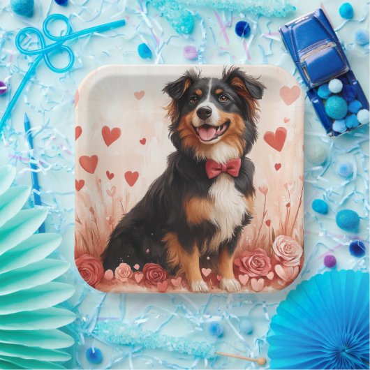 Australian Shepherd met Rozen - Valentijnsdag Papieren Bordje (Feest)