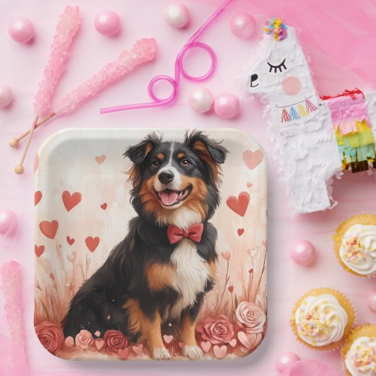 Australian Shepherd met Rozen - Valentijnsdag Papieren Bordje (Feest)
