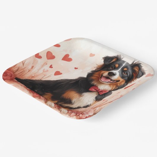 Australian Shepherd met Rozen - Valentijnsdag Papieren Bordje (Gebogen)