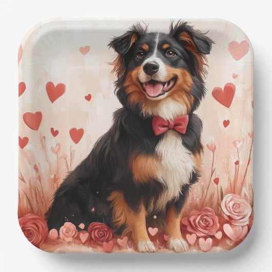 Australian Shepherd met Rozen - Valentijnsdag Papieren Bordje (Voorkant)