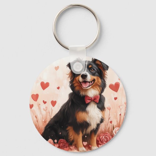 Australian Shepherd met Rozen - Valentijnsdag Sleutelhanger (Voorkant)
