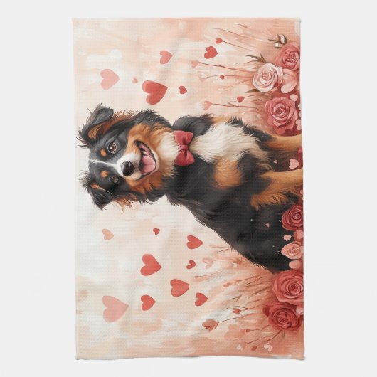 Australian Shepherd met Rozen - Valentijnsdag Theedoek (Verticaal)