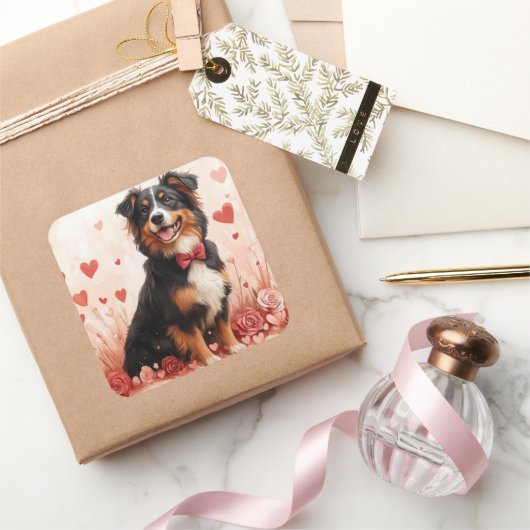 Australian Shepherd met Rozen - Valentijnsdag Vierkante Sticker (Geschenken)