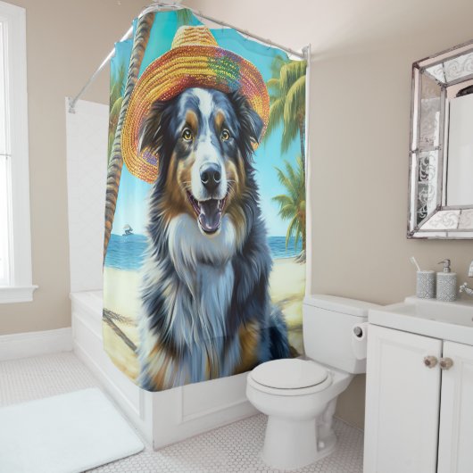 Australian Shepherd On Beach hondenliefhebber zome Douchegordijn (In situ)
