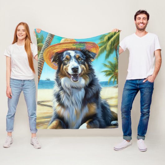 Australian Shepherd On Beach hondenliefhebber zome Fleece Deken (In situ)