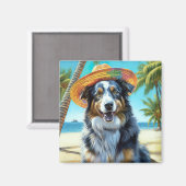 Australian Shepherd On Beach hondenliefhebber zome Magneet (Voorkant / Achterkant)