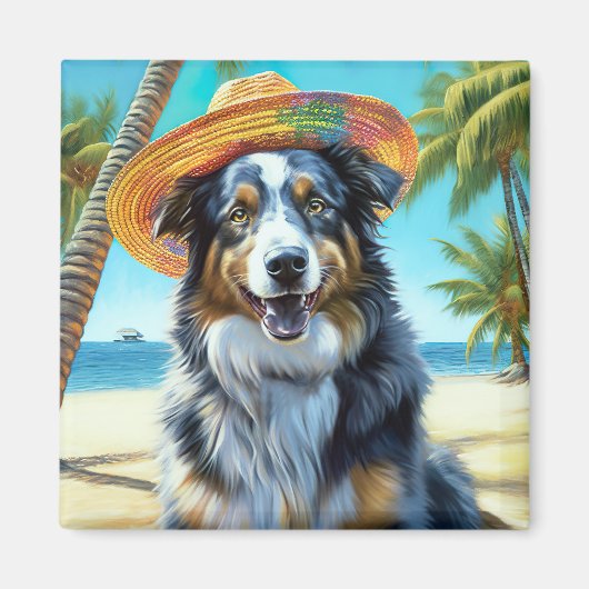 Australian Shepherd On Beach hondenliefhebber zome Magneet (Voorkant)