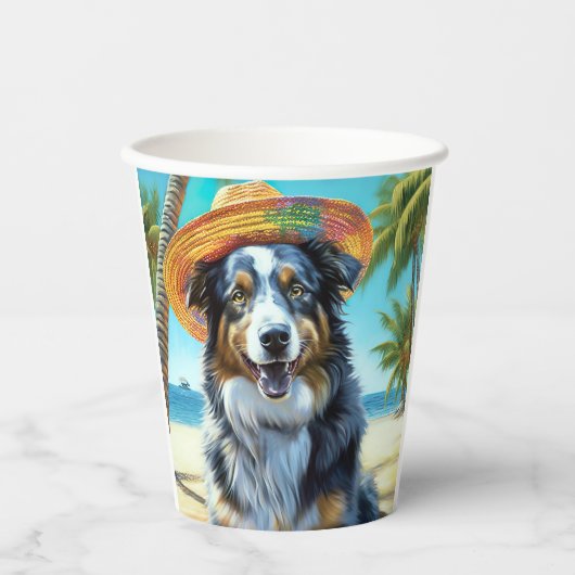 Australian Shepherd On Beach hondenliefhebber zome Papieren Bekers (Voorkant)