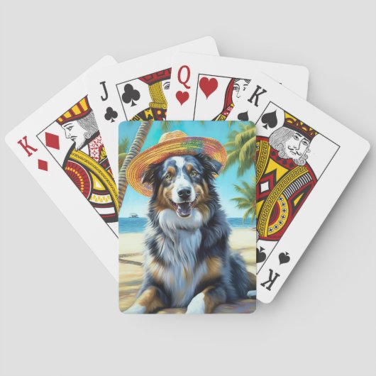 Australian Shepherd On Beach hondenliefhebber zome Pokerkaarten (Achterkant)