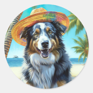 Australian Shepherd On Beach hondenliefhebber zome Ronde Sticker