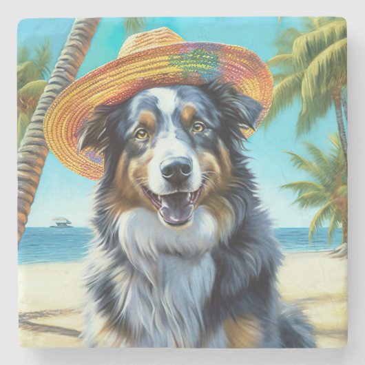 Australian Shepherd On Beach hondenliefhebber zome Stenen Onderzetter (Voorkant)