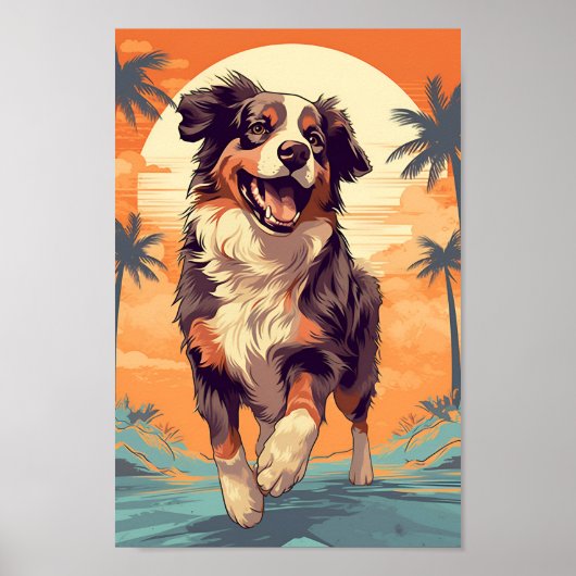 Australian Shepherd op een tropisch strand Poster (Voorkant)