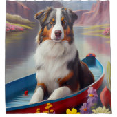 Australian Shepherd op Paddle: Een Schilderachtig  Douchegordijn (Voorkant)