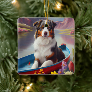 Australian Shepherd op Paddle: Een Schilderachtig  Keramisch Ornament