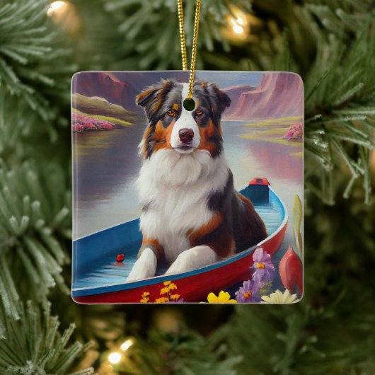 Australian Shepherd op Paddle: Een Schilderachtig  Keramisch Ornament (Boom)