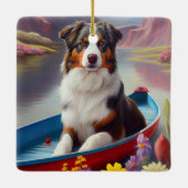 Australian Shepherd op Paddle: Een Schilderachtig  Keramisch Ornament (Achterkant)