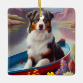 Australian Shepherd op Paddle: Een Schilderachtig  Keramisch Ornament (Voorkant)