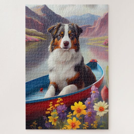 Australian Shepherd op Paddle: Een Schilderachtig  Legpuzzel (Verticaal)
