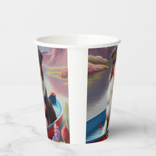 Australian Shepherd op Paddle: Een Schilderachtig  Papieren Bekers (Links)