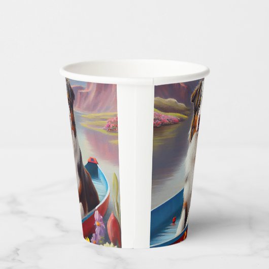 Australian Shepherd op Paddle: Een Schilderachtig  Papieren Bekers (Rechts)