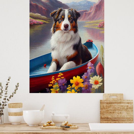 Australian Shepherd op Paddle: Een Schilderachtig  Poster (Keuken)