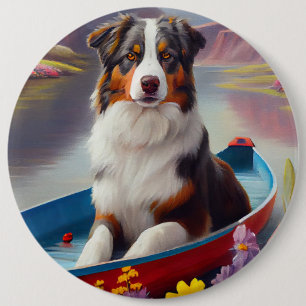 Australian Shepherd op Paddle: Een Schilderachtig  Ronde Button 6,0 Cm