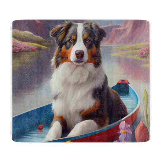 Australian Shepherd op Paddle: Een Schilderachtig Snijplank (Voorkant)