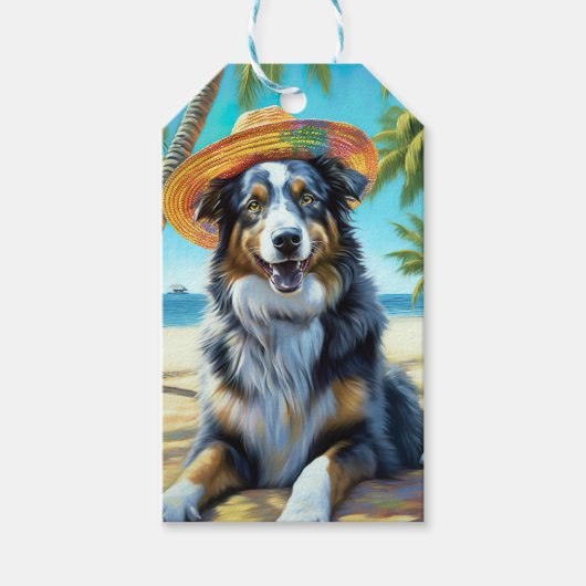 Australian Shepherd Op Strand hondenliefhebber zom Cadeaulabel (Voorkant)