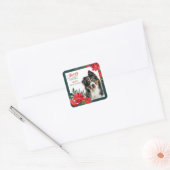 Australian Shepherd Poinsettia Bouquet Kerstmis Vierkante Sticker (Envelop)