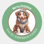 Australian Shepherd Puppy in Winter Pet Kerst Ronde Sticker (Voorkant)