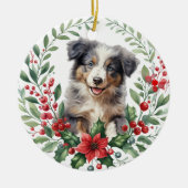 Australian Shepherd Puppy Poinsettia Krans Keramisch Ornament (Voorkant)