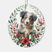 Australian Shepherd Puppy Poinsettia Krans Keramisch Ornament (Links)