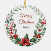 Australian Shepherd Puppy Poinsettia Krans Keramisch Ornament (Achterkant)