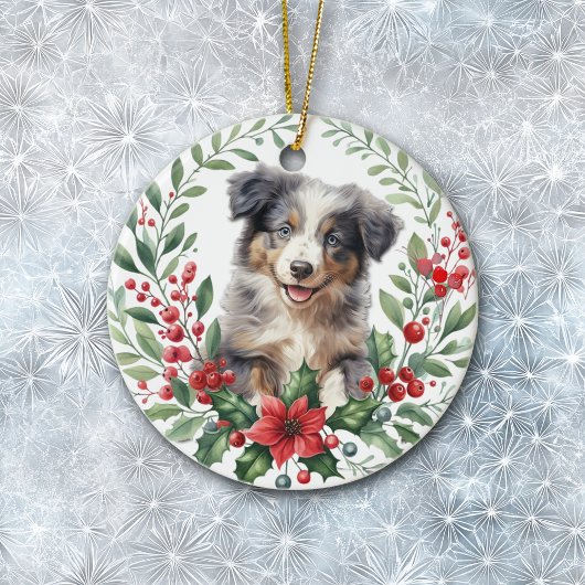Australian Shepherd Puppy Poinsettia Krans Keramisch Ornament