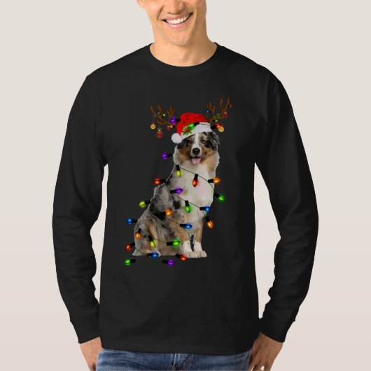 Australian Shepherd Reindeer Kerstlights Funn T-shirt (Voorkant)