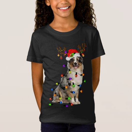 Australian Shepherd Reindeer Kerstlights Funn T-shirt (Voorkant)