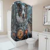 Australian Shepherd Riding Motorcycle Halloween Douchegordijn (In situ)