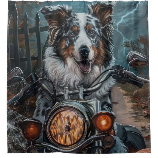 Australian Shepherd Riding Motorcycle Halloween Douchegordijn (Voorkant)