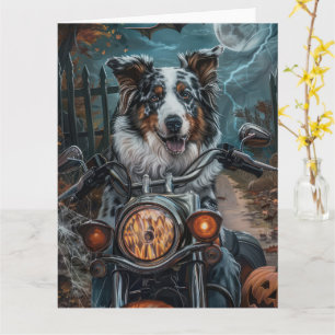Australian Shepherd Riding Motorcycle Halloween Kaart