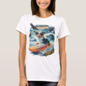 Australian Shepherd Riding the Crest Surfen T-shirt (Voorkant)