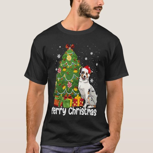 Australian Shepherd Santa Christmas Tree Lights Xm T-shirt (Voorkant)