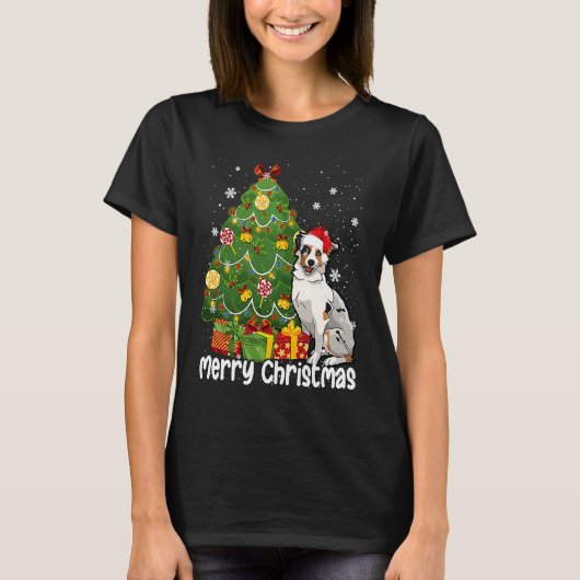 Australian Shepherd Santa Christmas Tree Lights Xm T-shirt (Voorkant)